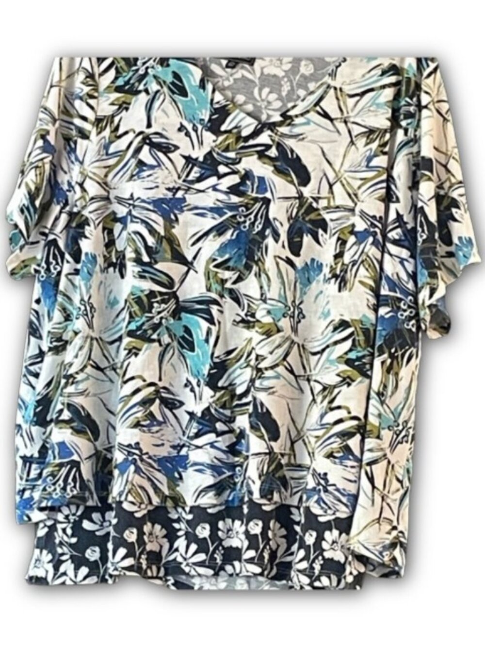 DG2 by Diane Gilman White Floral V-Neck Tunic with Blue and Green Accents